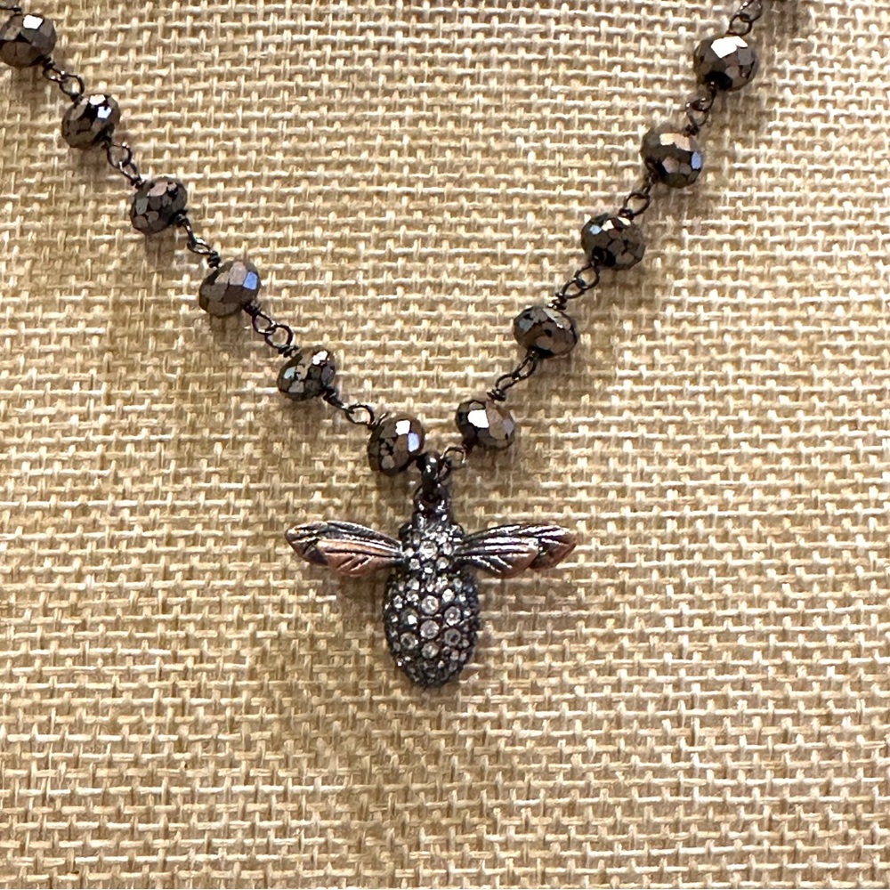 Fossil Necklace Copper Tone Necklace - beaded chain w/ Bee Pendant, rhinestones - Picture 5 of 13